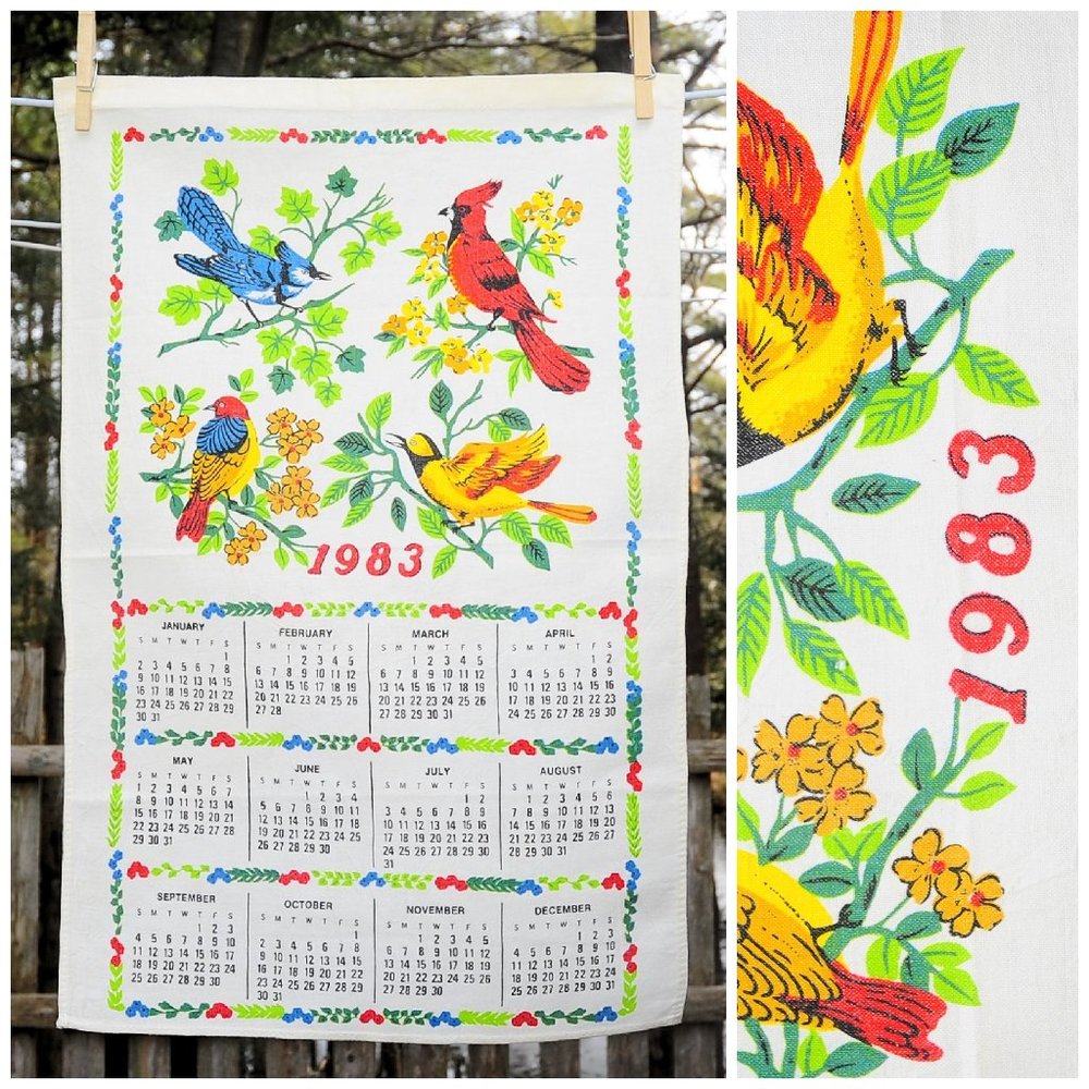 VTG 1983 Calendar Tea Towel Summer Birds on Branches Cardinal Blue Jay Bunting